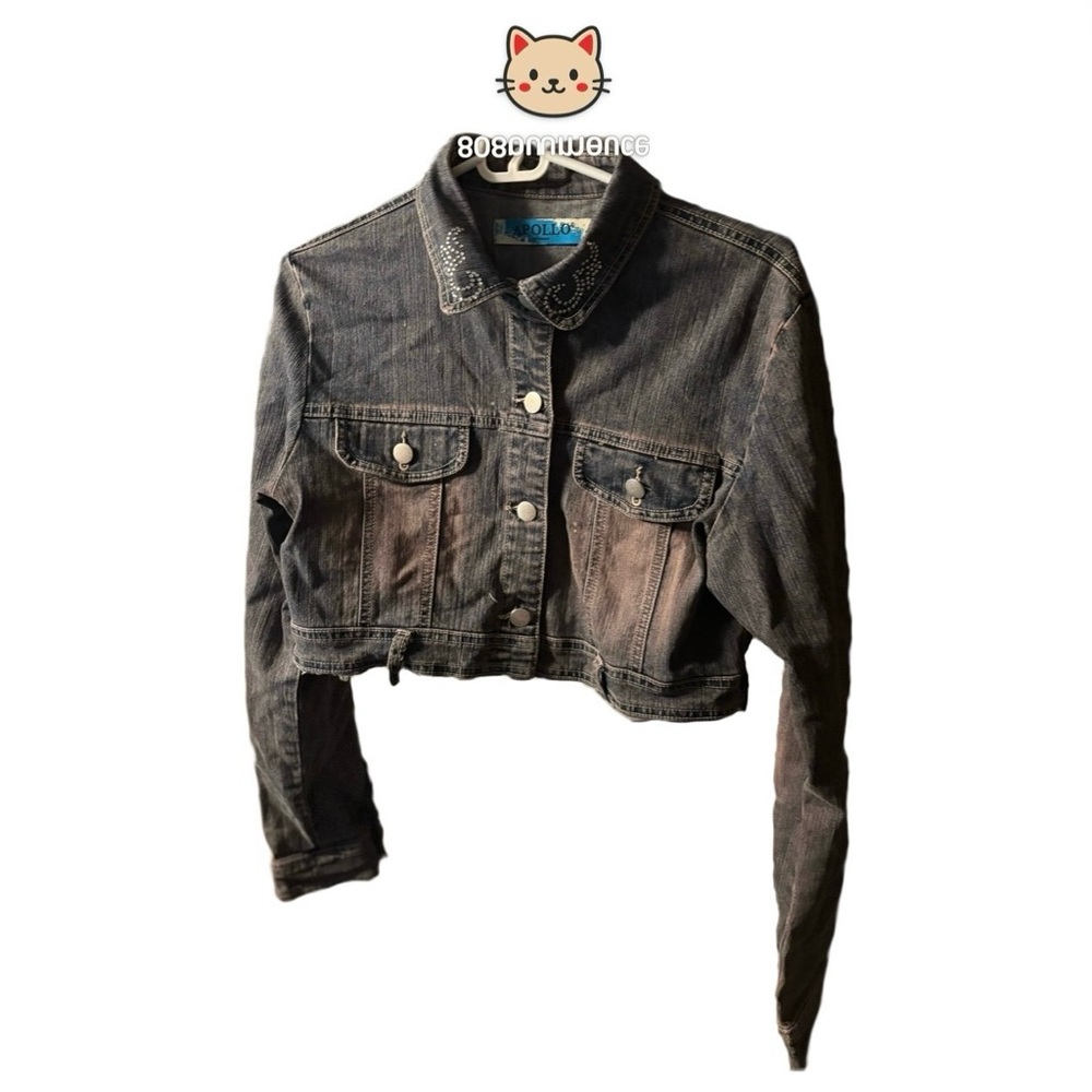 Apollo Jeans Black Cropped Denim Jacket Size Large Button Down Y2K Rhinestones